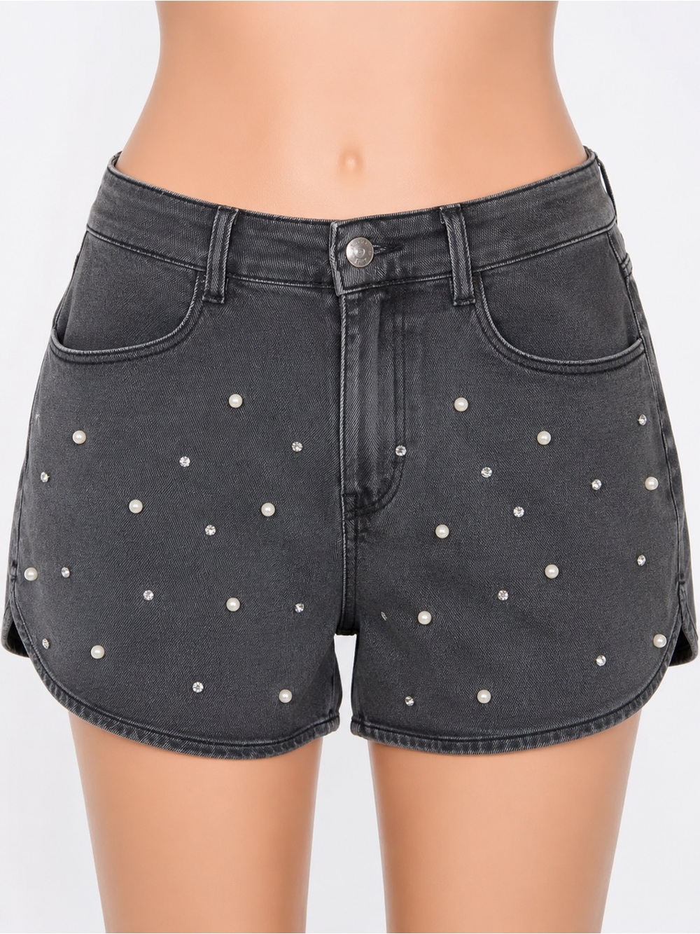Entro Stevie Women’s Denim Shorts S W30 Charcoal Wash Stretch Pearl Rhinestone